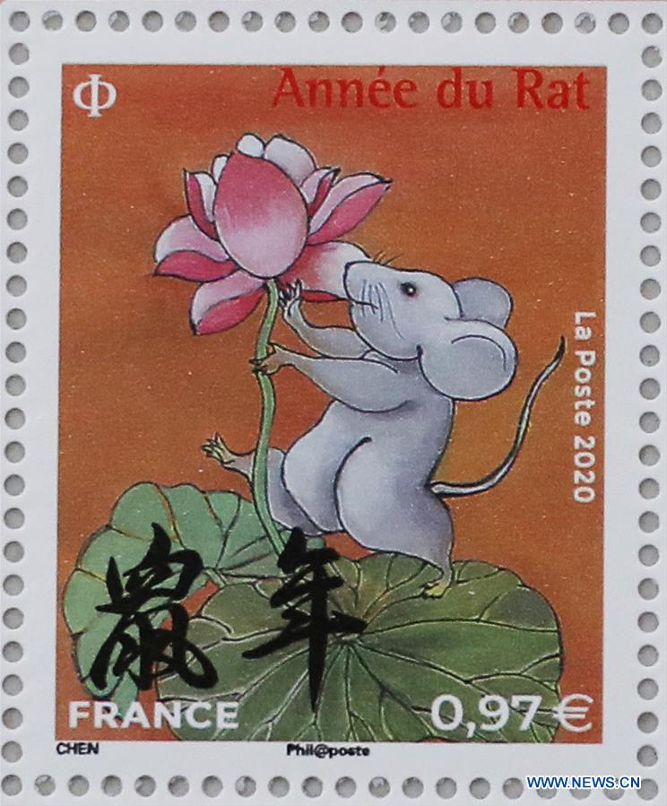 Photo taken on Jan. 19, 2020 shows the commemorative stamp themed on the Year of Rat in Paris, capital of France. French postal service company La Poste issued two Year of Rat stamps in a ceremony here on Saturday to celebrate the Chinese Lunar New Year. This year
