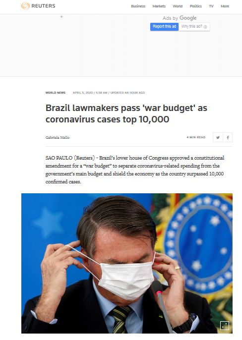 「巴西」巴西新冠肺炎确诊超万例，众议院通过“战争预算”宪法修正案
