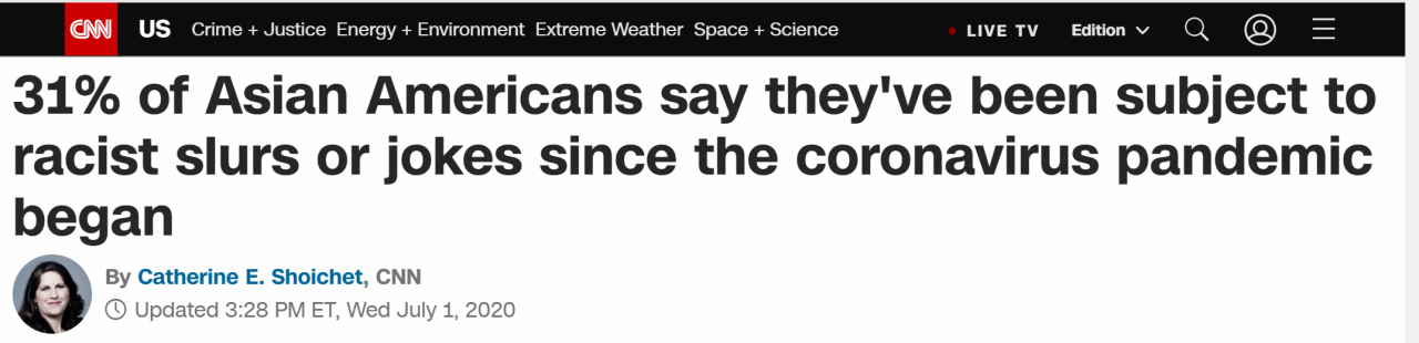 亚裔美国人CNN：研究显示，近三成亚裔美国人因疫情遭歧视