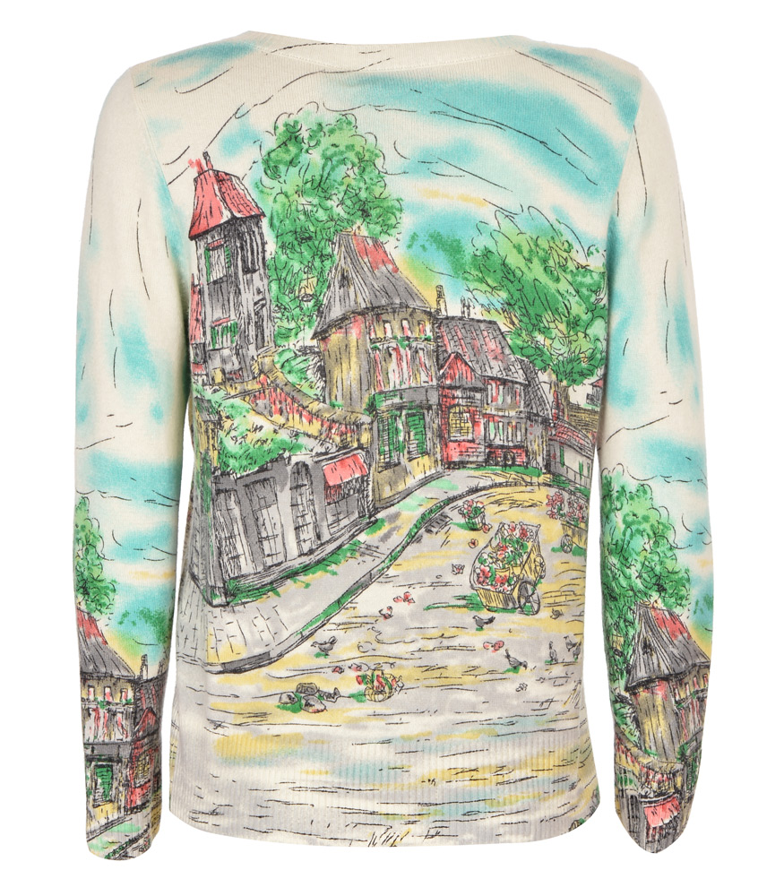 央视网上商城 艺术印花图案女士圆领羊绒开衫