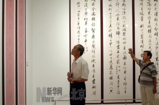 参观者在书法作品前驻足。（８月１４日摄）新华社记者赵琬微摄