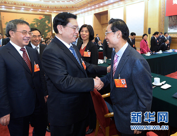 2013年3月8日，张德江参加十二届全国人大一次会议广东代表团的审议。这是张德江与钟南山代表握手。新华社记者 李涛 摄