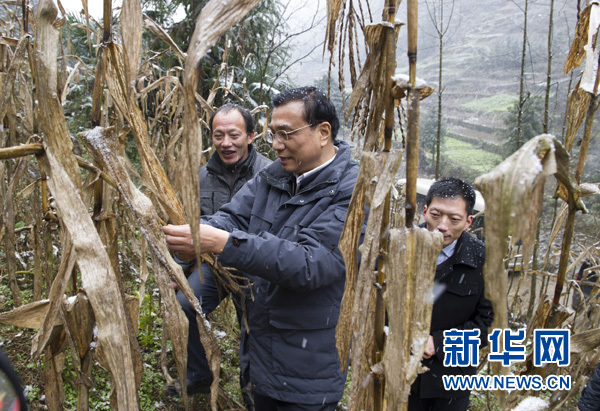 2012年12月29日，李克强在湖北省恩施龙凤镇青堡村，踩着泥滑山坡道攀上路边陡坡，察看挂坡地种植的艰难。