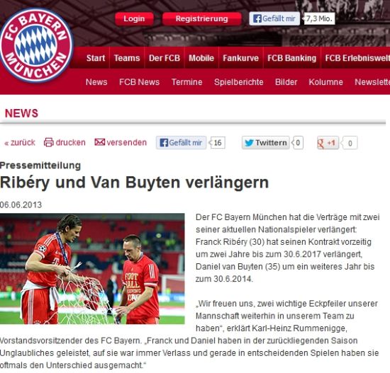 拜仁宣布续约里贝里范比滕