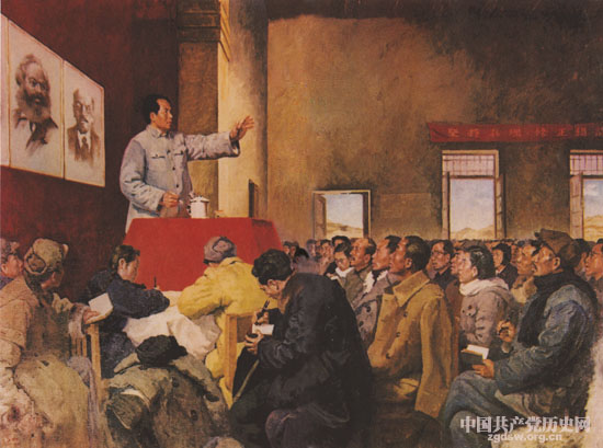 图说：罗工柳：《毛泽东在延安干部会议上作整风报告》（油画·1951年）