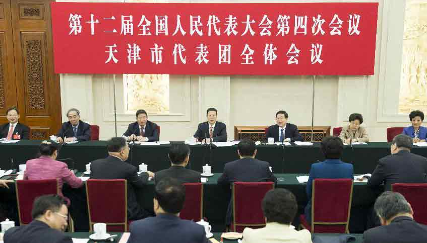 3月6日，中共中央政治局常委、国务院副总理张高丽参加十二届全国人大四次会议天津代表团的审议。