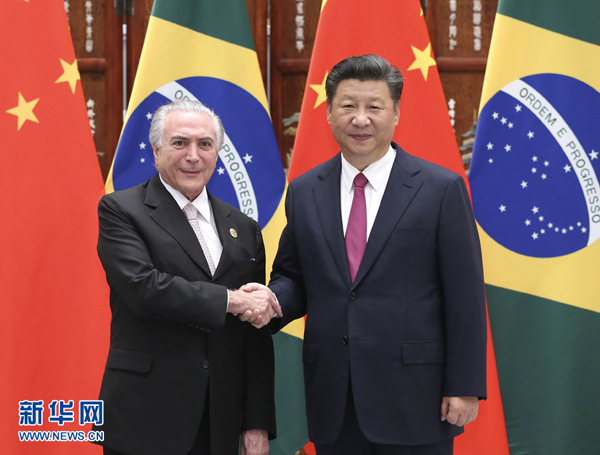 9月2日，国家主席习近平在杭州会见前来出席二十国集团领导人杭州峰会的巴西总统特梅尔。