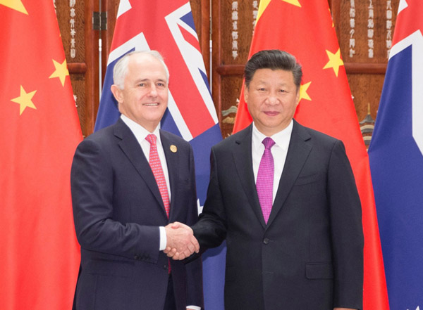 9月4日，国家主席习近平在杭州会见在华出席二十国集团领导人杭州峰会的澳大利亚总理特恩布尔。