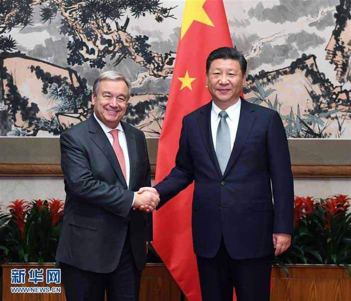 11月28日，国家主席习近平在北京钓鱼台国宾馆会见候任联合国秘书长古特雷斯。
