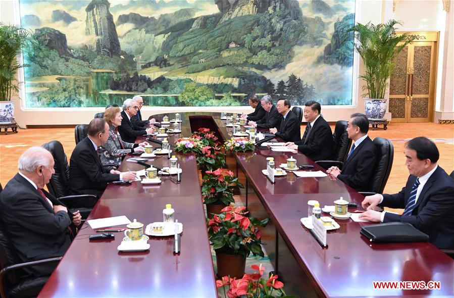 Chinese President Xi Jinping meets with The Elders delegation, led by its chair, former president of Ireland Mary Robinson, in the Great Hall of the People in Beijing, capital of China, April 1, 2019. (Xinhua/Rao Aimin)