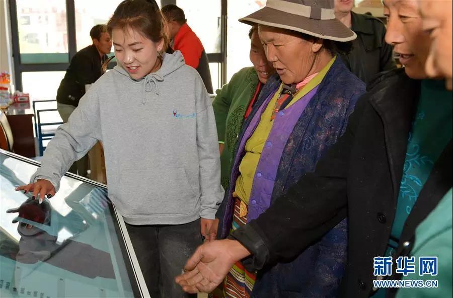 4月27日，在西藏山南市加查县冷达乡共康村电商服务站，工作人员白玛卓嘎（左前）向村民介绍电商服务。新华社记者 张汝锋 摄