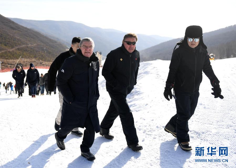 这是2019年1月29日，国际奥委会主席巴赫（前左一）在张家口云顶滑雪公园考察。新华社记者 张晨霖 摄
