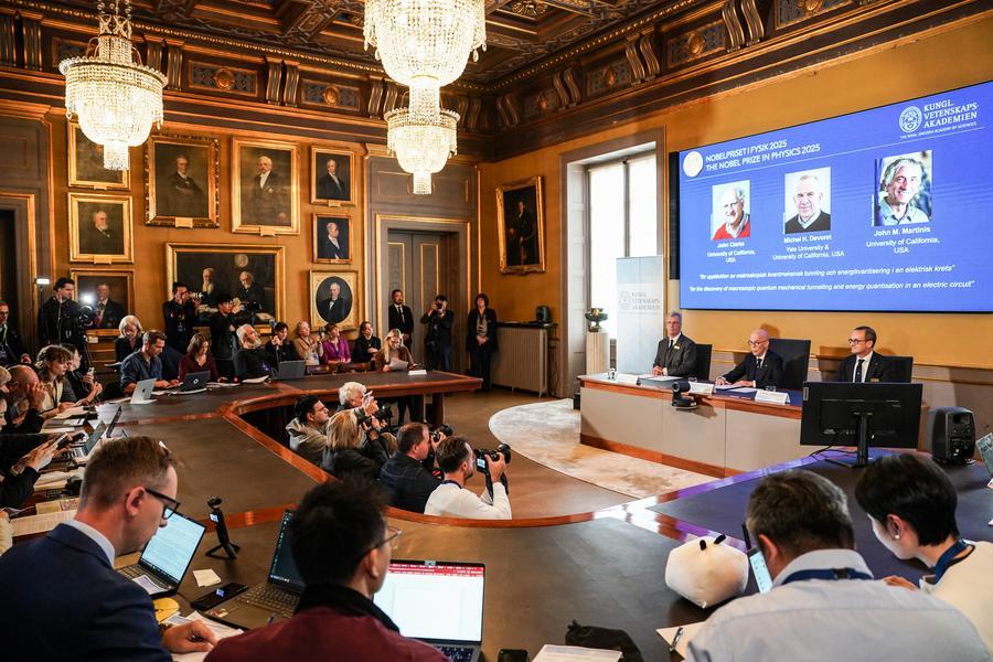 The 2025 Nobel Prize in Physics is announced in Stockholm, Sweden, Oct. 7, 2025. (Xinhua/Peng Ziyang)
