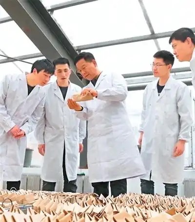 任长忠（左三）与学生在检查产品