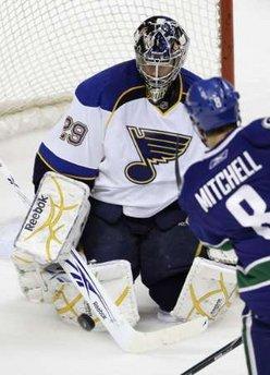 Vancouver&nbsp;Canucks&nbsp;Willie&nbsp;Mitchell&nbsp;(R)&nbsp;is&nbsp;stopped&nbsp;by&nbsp;St.&nbsp;Louis&nbsp;Blues&nbsp;Ty&nbsp;Conklin&nbsp;during&nbsp;first&nbsp;period&nbsp;NHL&nbsp;hockey&nbsp;action&nbsp;in&nbsp;Vancouver,&nbsp;British&nbsp;Columbia&nbsp;December&nbsp;20,&nbsp;2009.REUTERS/Lyle&nbsp;Stafford&nbsp;(CANADA&nbsp;-&nbsp;Tags:&nbsp;SPORT&nbsp;ICE&nbsp;HOCKEY)