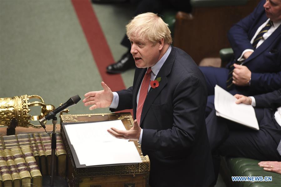 British Prime Minister Boris Johnson speaks at the House of Commons in London, Britain, on Oct. 29, 2019. Britain looks set to hold the general election on Dec. 12 after lawmakers on Tuesday night voted to back it following months of Brexit deadlock. (Jessica Taylor/UK Parliament/Handout via Xinhua)