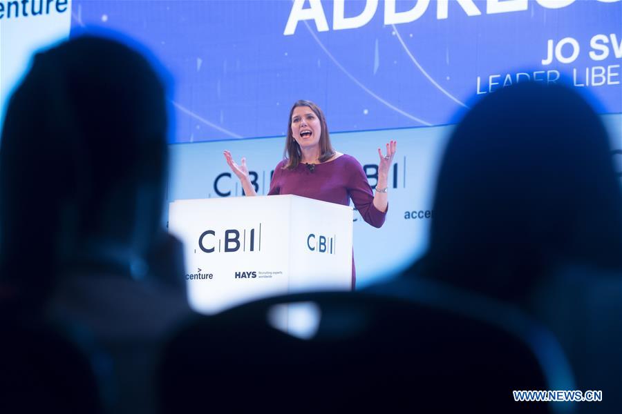 British Liberal Democrats party leader Jo Swinson speaks at the Confederation of British Industry (CBI) annual conference in London, Britain, on Nov. 18, 2019. In their addresses at the Confederation of British Industry annual conference on Monday, the leaders of the country