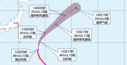 台风“小熊”减弱为强台风级 逐渐向东北方向偏转