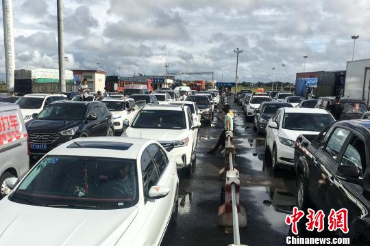  图为过海车辆在海南铁路徐闻北港排队待渡。　沈敏　摄