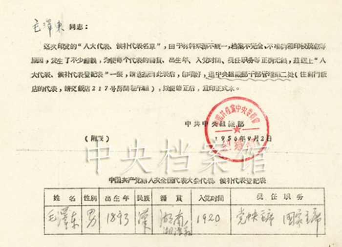 毛泽东填写的《中国共产党第八次全国代表大会代表、候补代表登记表》。