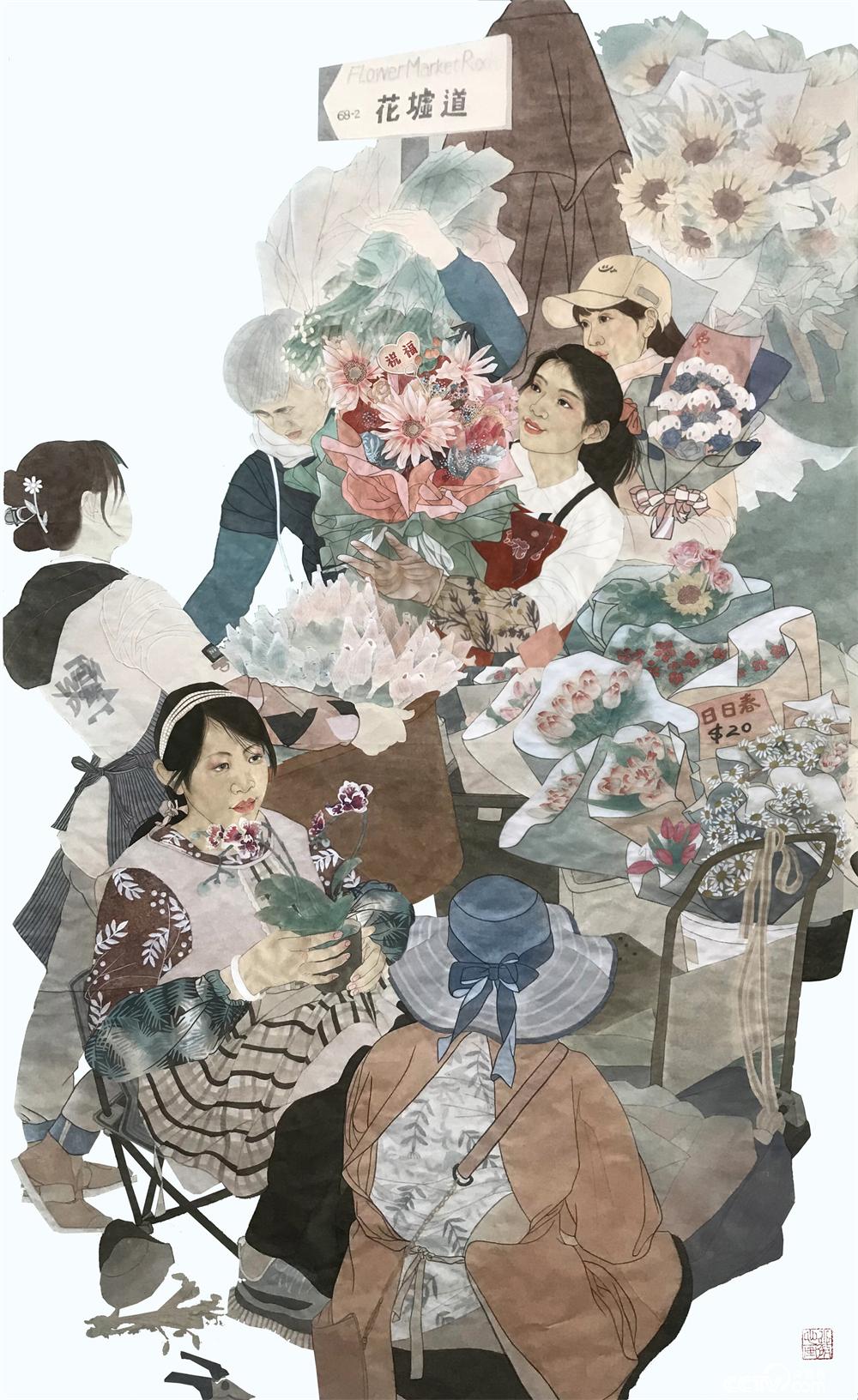 刘洋之龙、杨小薇《旺角花墟春意浓》  中国画  200厘米×140厘米  2022
