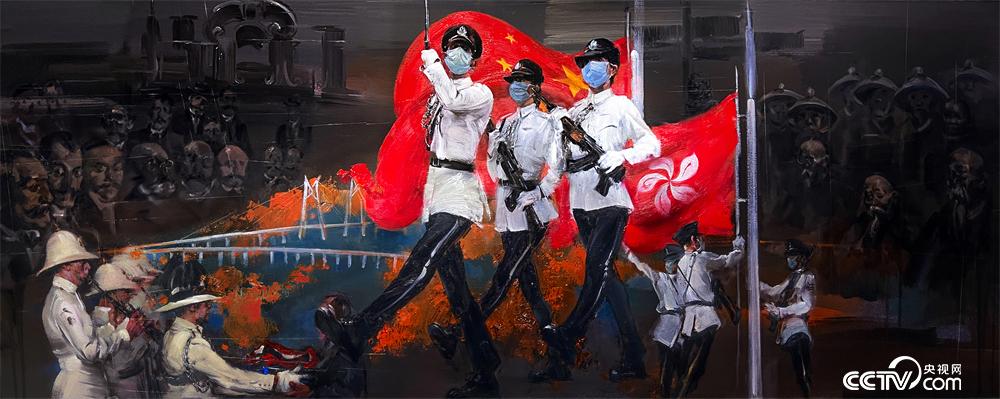 王学贤、燕娅娅、王学儒《步调一致灿烂香港》 油画  80厘米×200厘米  2022