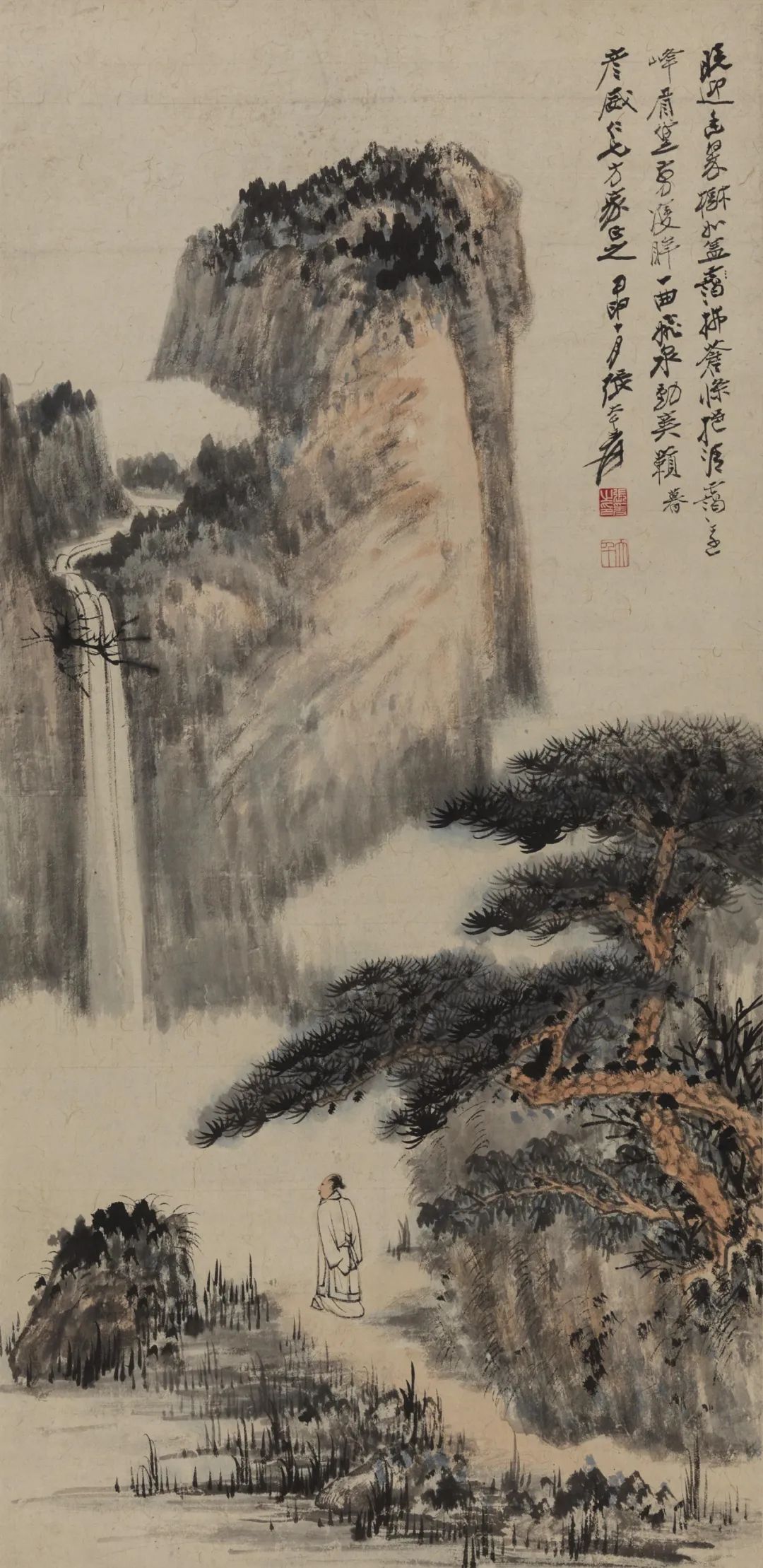 张大千 松荫观瀑 80.8x39.5cm 中国画 1944年 中国美术馆藏