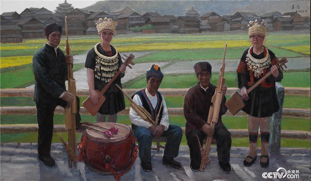 《侗寨小乐队》油画 2022 135×235cm