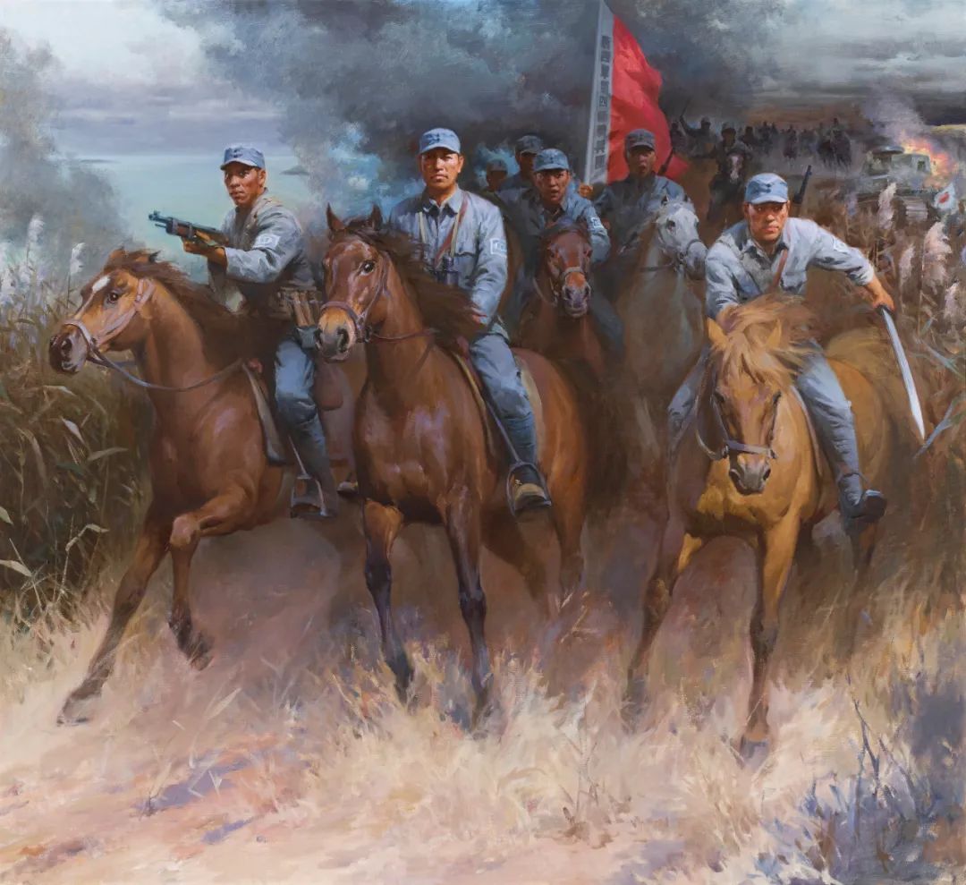 彭雪枫将军帅骑兵团征战洪湖地区  陈世和 油画 200×160cm 2015年