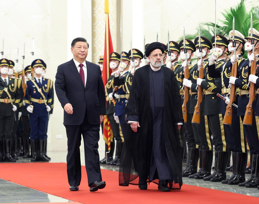 Chinese President Xi Jinping holds a welcoming ceremony for visiting President of the Islamic Republic of Iran Ebrahim Raisi prior to their talks at the Great Hall of the People in Beijing, capital of China, Feb. 14, 2023. (Xinhua/Pang Xinglei)