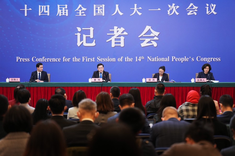 Chinese Foreign Minister Qin Gang (2nd L, rear) attends a press conference on China’s foreign policy and foreign relations on the sidelines of the first session of the 14th National People’s Congress (NPC) in Beijing, capital of China, March 7, 2023. (Xinhua/Wang Yuguo)