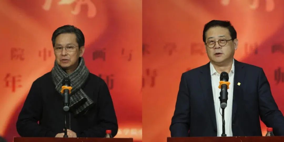 左：中国美术家协会副主席何家英致辞 右：中国美术家协会副主席徐里致辞