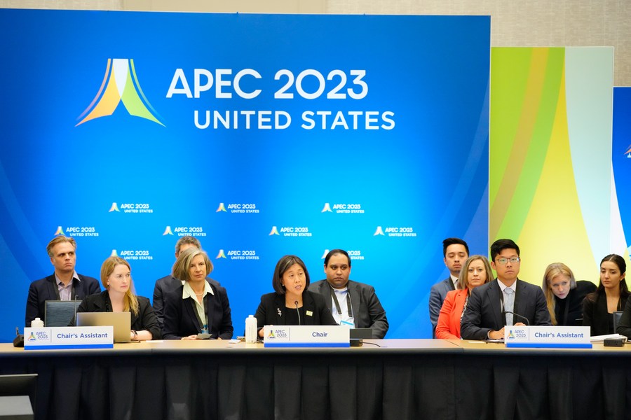 U.S. Trade Representative Katherine Tai (C, Front) speaks at the 2023 APEC Ministers Responsible for Trade (MRT) Meeting in Detroit, the United States, on May 25, 2023. (Photo by Nick Starichenko/Xinhua)