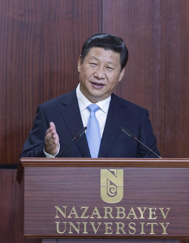 Xi Jinping delivers a speech at Nazarbayev University in Kazakhstan, Sept. 7, 2013. Xi proposed the building of the Silk Road Economic Belt in the speech. (Xinhua/Wang Ye)