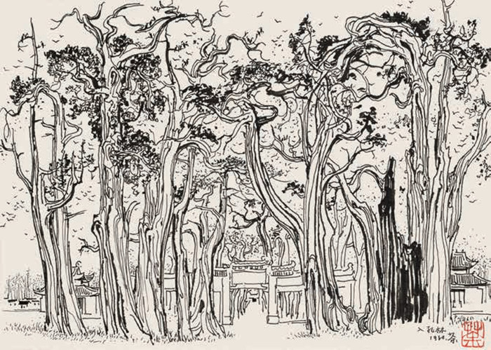 入孔林，吴冠中，素描，1980年，27cm×67cm