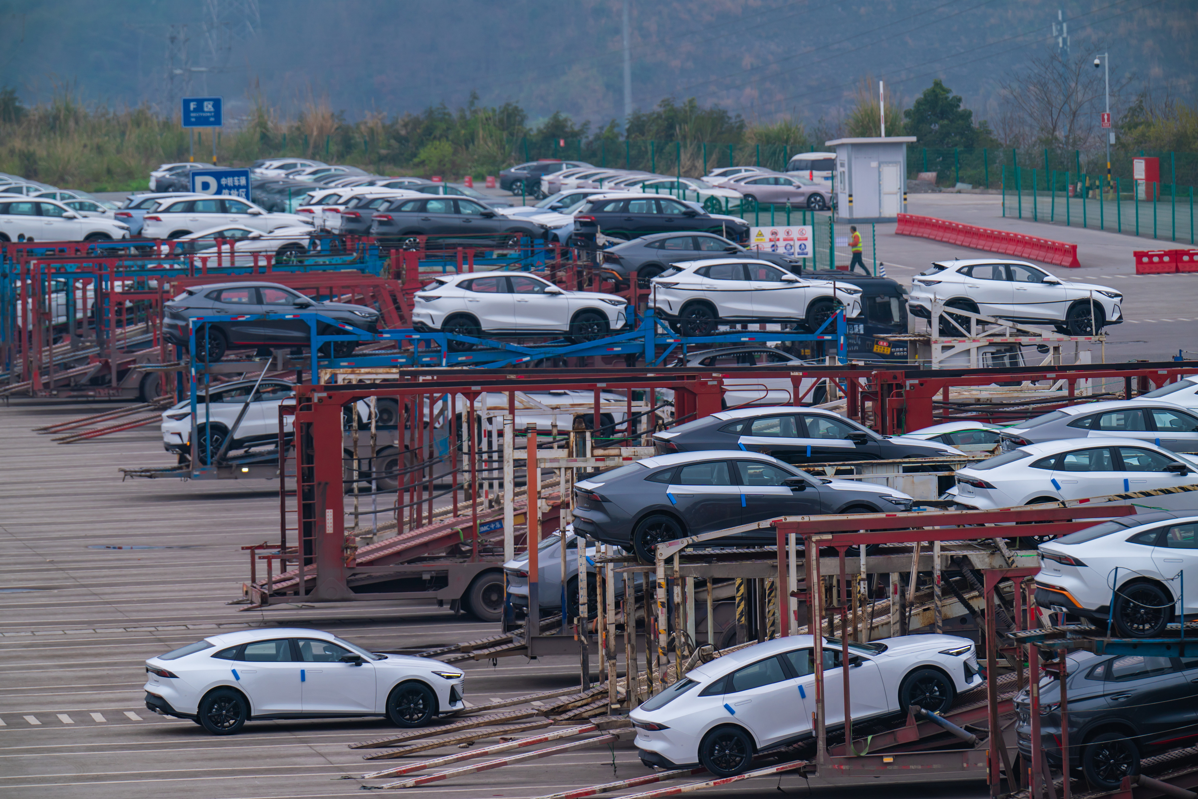2024年2月25日，重庆江北区某汽车整车分拨中心，一排排新能源汽车整装待发。