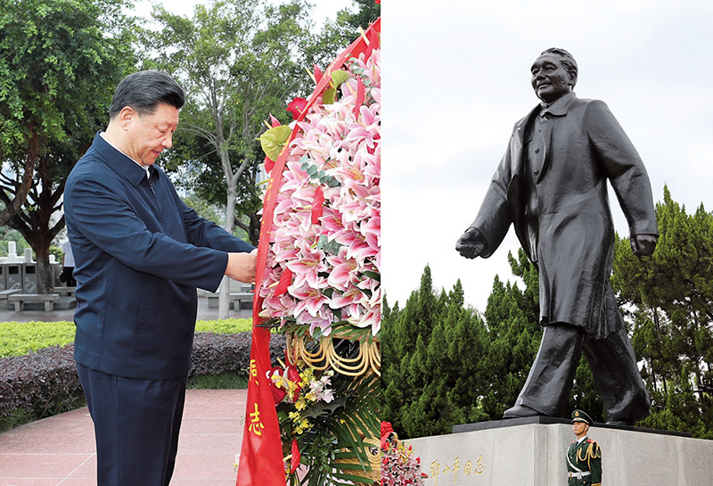 2020年10月14日，習(xí)近平總書(shū)記向深圳蓮花山公園鄧小平同志銅像敬獻(xiàn)花籃。