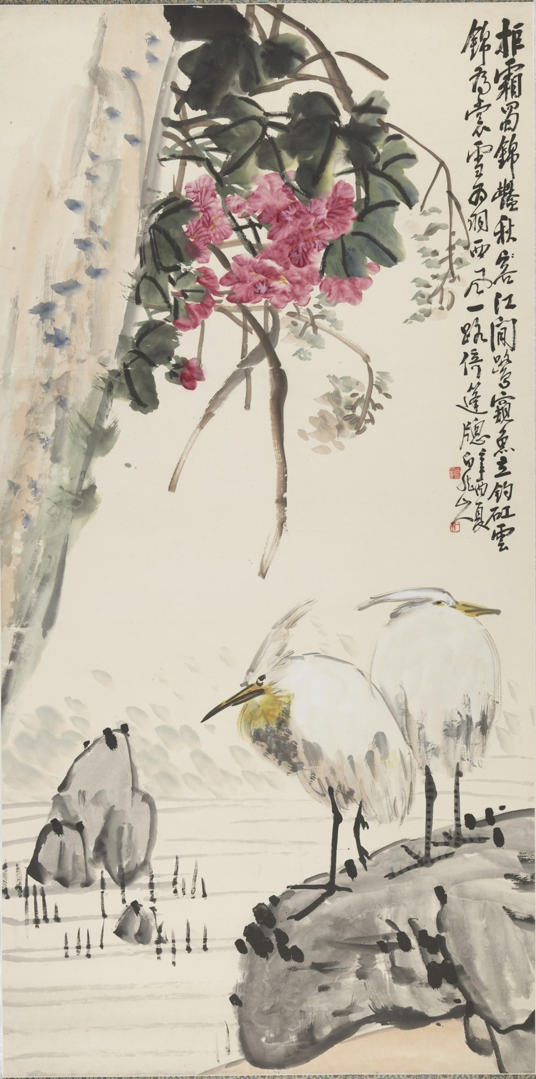 芙蓉双鹭  王震  中国画  136.6×68cm  1926  中国美术馆藏