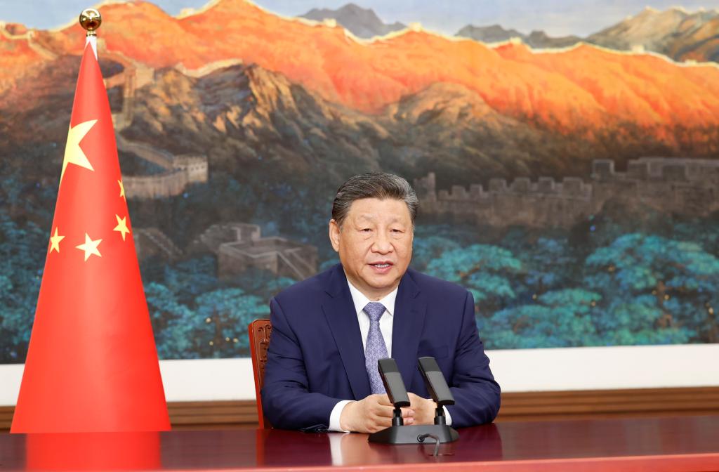 Chinese President Xi Jinping delivers a speech via video link at the Leaders Meeting on Climate and the Just Transition, April 23, 2025. (Xinhua/Huang Jingwen)