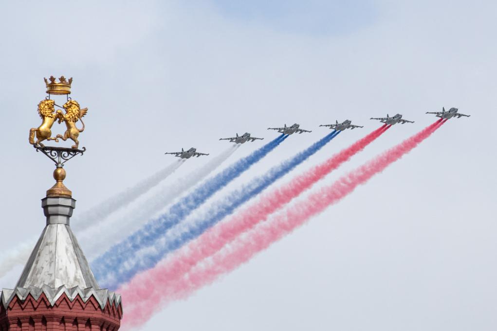 Su-25 attack aircrafts fly over Red Square during the Victory Day military parade, which marks the 79th anniversary of the Soviet victory in the Great Patriotic War, in Moscow, Russia, on May 9, 2024. (Xinhua/Bai Xueqi)