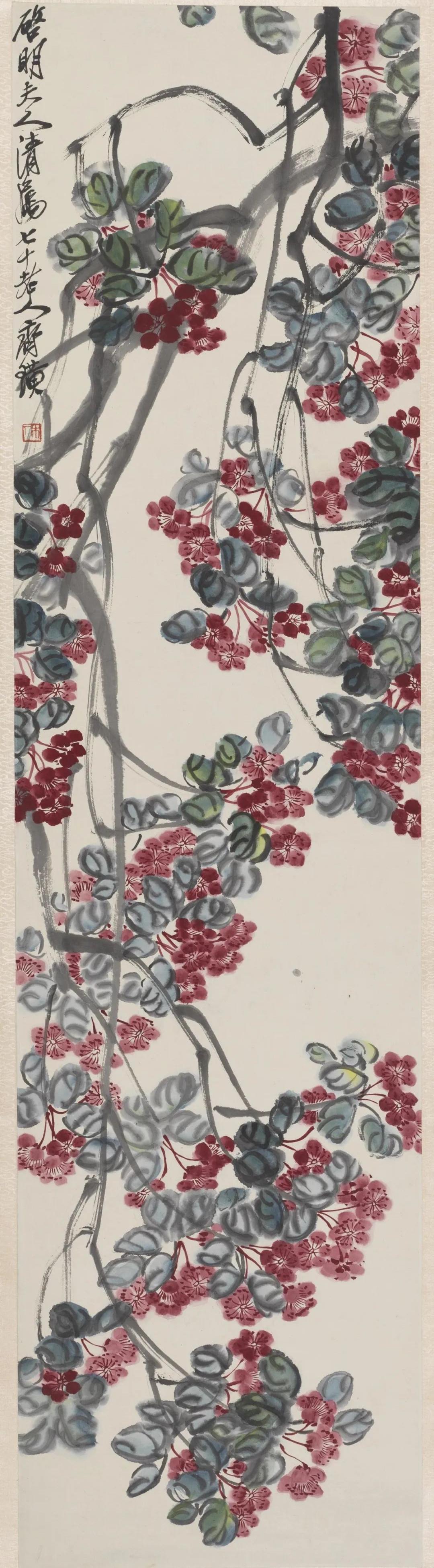 海棠花开  齐白石  中国画  129.8×33.6cm  1930年  中国美术馆藏