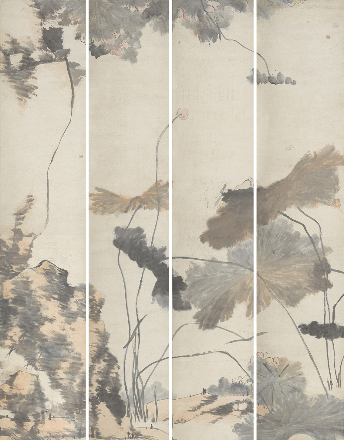 荷花（通屏四联） 八大山人  中国画 364.8×70.3cm×4  清代  中国美术馆藏