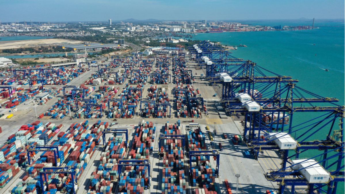 An aerial drone photo shows a view of Yangpu Port in Danzhou City, Hainan Province, South China, on November 28, 2025. /VCG