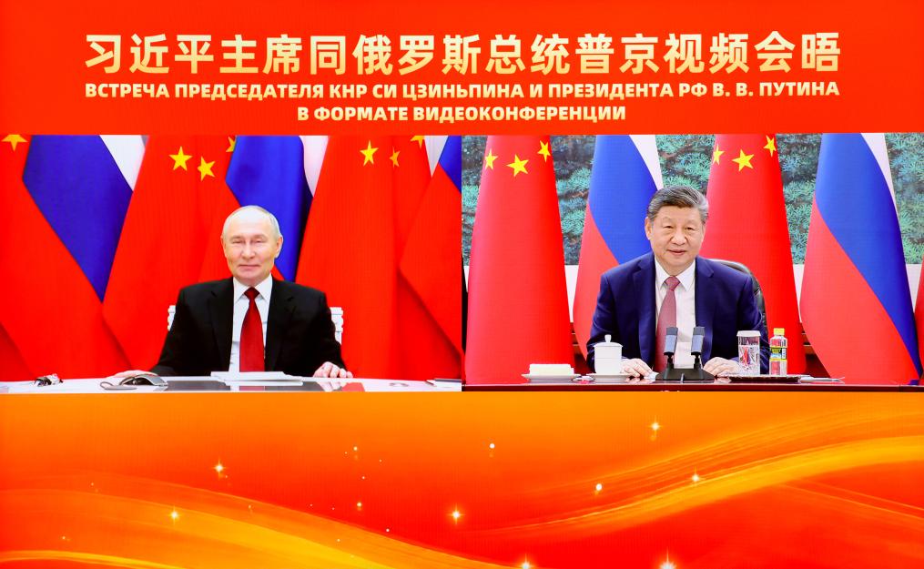 Chinese President Xi Jinping holds a virtual meeting with Russian President Vladimir Putin at the Great Hall of the People in Beijing, capital of China, Feb. 4, 2026. (Xinhua/Liu Bin)