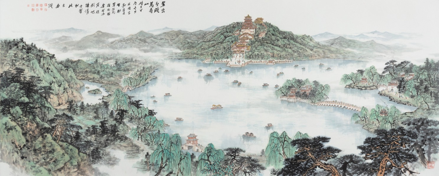《翠峦春晓万寿山》 庄小雷、郭宝君、牛朝、买鸿钧、徐卫国、乐祥海、范琛、刘旭、陈倩合作  145cm&times;360cm 2024年 纸本设色