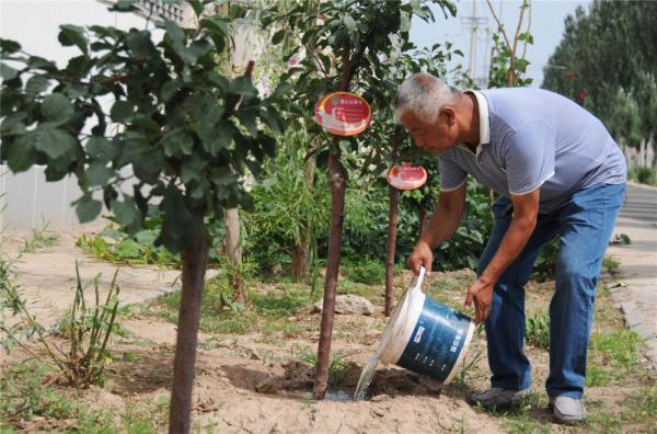 唐占江正在给村民栽种的果树浇水.(新华社记者李云平摄影)